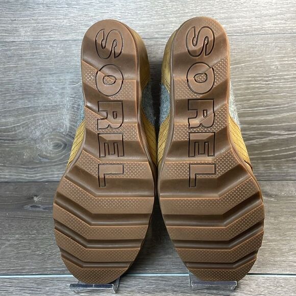 Sorel Lexie Wedge Tan Leather Gray Felt Women’s Sz 10 Lace Up Hidden Wedge Boots - Picture 7 of 11